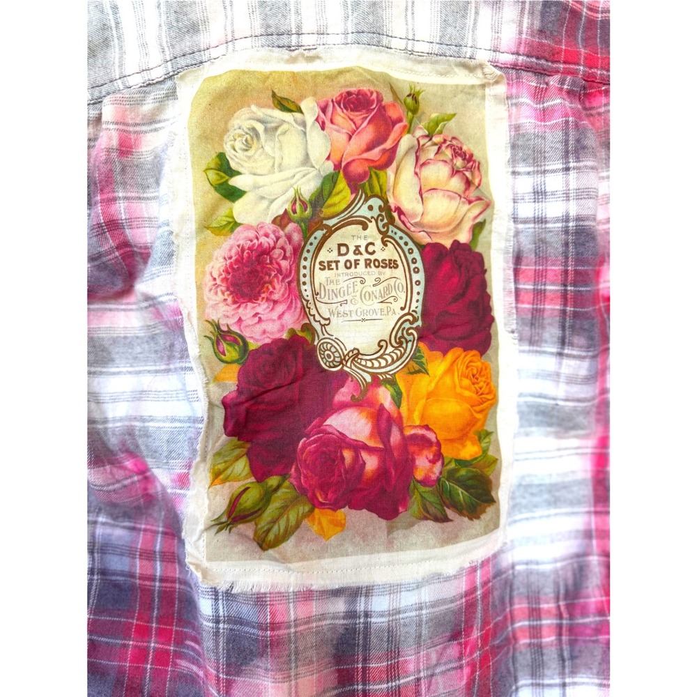 Upcycled Floral Flannel Shirt Small | Cottagecore Rose Patch Soft Plaid‎